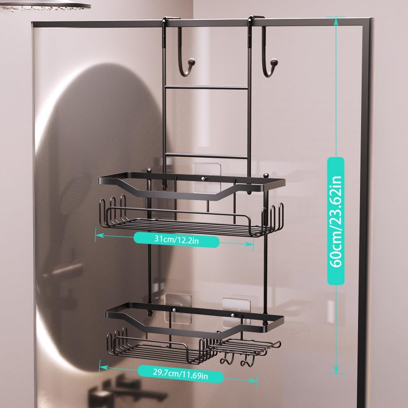 HapiRm Hanging Shower Caddy Over the Door with Soap Holder, No Drilling Adhesive Shower Organizer with 11 Hooks, Rustproof & Waterproof 304 Stainless Steel Bathroom Shelves - Black - Image 5